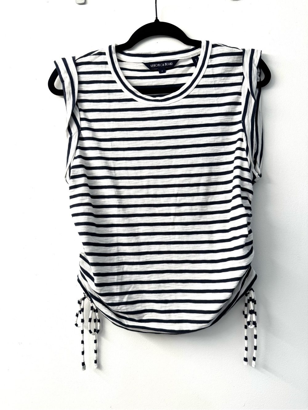 Veronica Beard White Tank Top with Navy Stripes and Side Ties